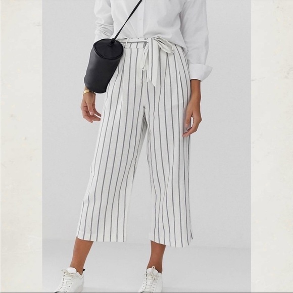 NWT ASOS Linen Blend Women’s Striped Tie Waist Culottes Pants White Black 8 Tall - Picture 3 of 9